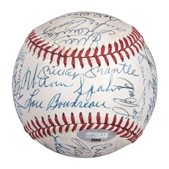 Hall of Famers Multi-Signed OAL Brown Baseball With 29 Signatures Including Williams, Mantle, Mays & Aaron (JSA)
